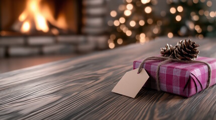 Cozy winter cabin scene with wrapped gift and fireplace ambiance