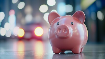 A pink piggy bank sits on a city street at nighttime with blurred lights creating a vibrant backdrop