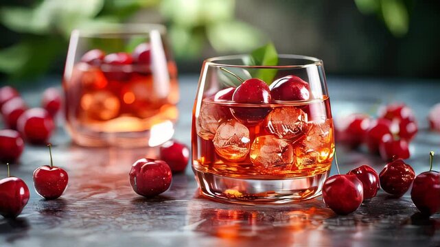 A glass of cherry liqueur filled with ice and cherries, with fresh berries surrounding it, captured in a refreshing summer drink setting