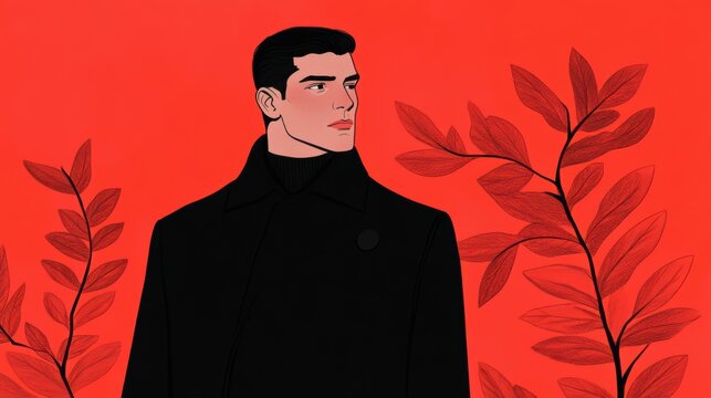Crimson Contemplation: A stylish illustration of a man in a turtleneck, set against a vibrant red backdrop with stylized leaves. The image evokes a sense of mystery and quiet confidence. 