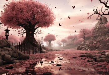 A tranquil landscape with cherry blossoms at sunset