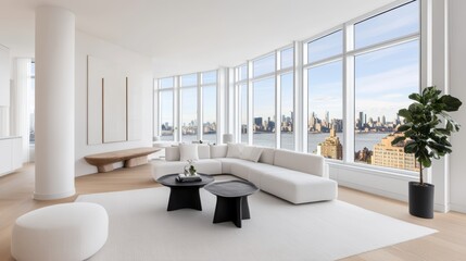 Fototapeta premium Modern Luxury Living: Panoramic City Views from a Spacious Penthouse Apartment, 3D render