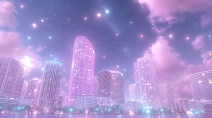 Obraz premium Futuristic night cityscape with towering skyscrapers and neon glow under starry sky