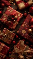 Fototapeta premium Luxurious red and gold Christmas presents artfully arranged for a festive holiday celebration