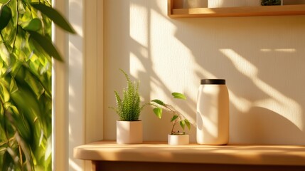 Fototapeta premium Sunlit Sanctuary: A serene composition featuring potted plants and a minimalist bottle bathed in warm, natural light, creating a tranquil and inviting atmosphere. 