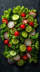Crisp green salad with lettuce, cucumbers, tomatoes, and radishes on a dark background