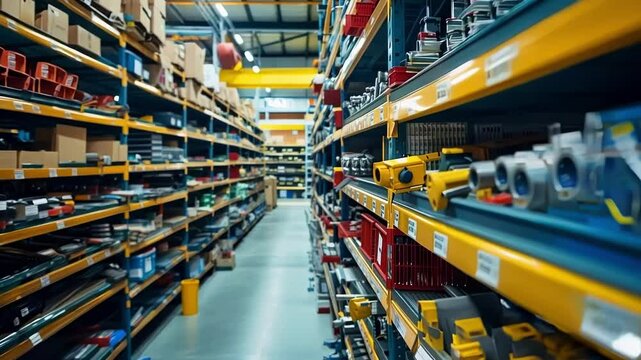 Clean and organized industrial warehouse aisle stocked with a variety of spare parts and components, showcasing efficient inventory management