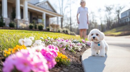 Grandmother strolling with adorable dog in garden on sunny day