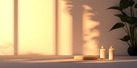 An illustration of a serene meditation space with candles and soft lighting. Calm meditation.


