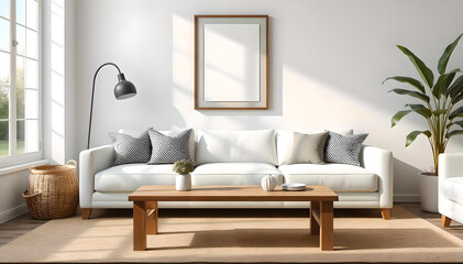 A modern Scandinavian living room with a vibrant white sofa and chair, set against a teal and white wall. The minimalist design radiates comfort, elegance, and contemporary style