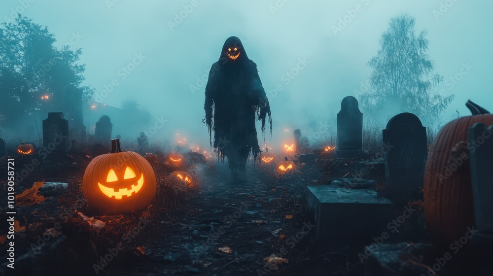 Sticker Ghostly figure with a twisted grin standing in a foggy graveyard surrounded by broken tombstones and eerie glowing pumpkins