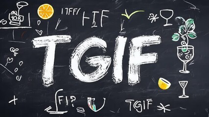 Chalkboard-style "TGIF" text surrounded by playful doodles of cocktails, lemons, and drinks, capturing the excitement of the weekend