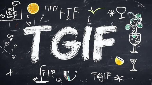 Chalkboard-style "TGIF" text surrounded by playful doodles of cocktails, lemons, and drinks, capturing the excitement of the weekend