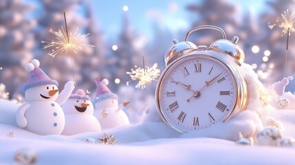 Festive snowmen celebrating new year with sparklers and clock in winter wonderland