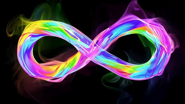 Vibrant infinity symbol made of swirling rainbow-colored light, glowing against a black background, representing endlessness and creativity