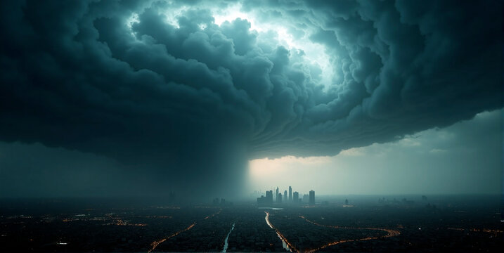 A huge destructive storm is approaching a city and threatens to cause considerable damage and endanger human life - ai generated
