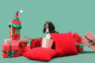 Cute cocker spaniel with Christmas gifts, popcorn and pillows on green background