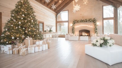 Fototapeta premium Cozy rustic living room in log cabin with large christmas tree and festive decorations