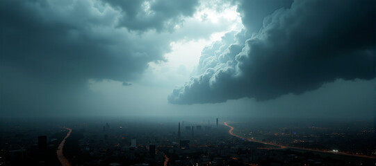 Fototapeta premium A huge destructive storm is approaching a city and threatens to cause considerable damage and endanger human life - ai generated