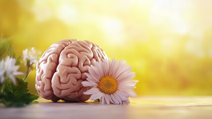 A brain and a daisy create a unique contrast against a soft, glowing background in a serene setting