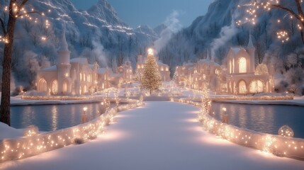 Idyllic snowy village scene with festive lights and winter atmosphere