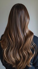 Naklejka premium A woman with long brown hair showcases her beautiful locks in a cozy indoor setting during daylight