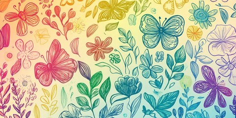 Hand-drawn floral and butterfly pattern in rainbow colors on a light beige background.