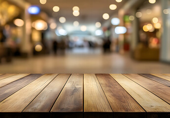 Empty wooden table with a blurred background design