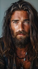 Confident man with long hair and beard poses for a close-up portrait in natural light