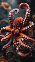 Obraz premium An octopus gracefully swims through ocean depths, showcasing its tentacles and unique shape