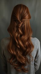 Obraz premium A woman showcases her long brown hair from the back while wearing a casual sweater in soft lighting