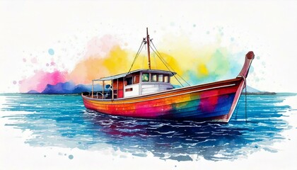 Fototapeta premium watercolor illustration of boat in the ocean