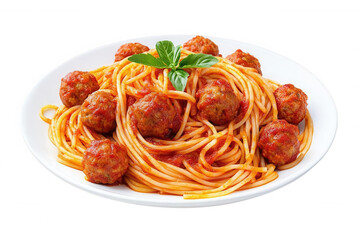 Delicious spaghetti with meatballs on a white plate, transparent background