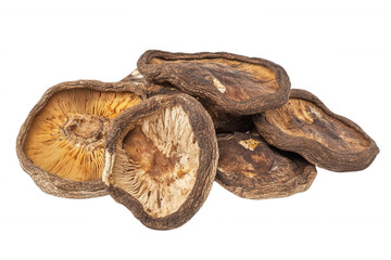 Dried shiitake mushrooms on white isolated background.