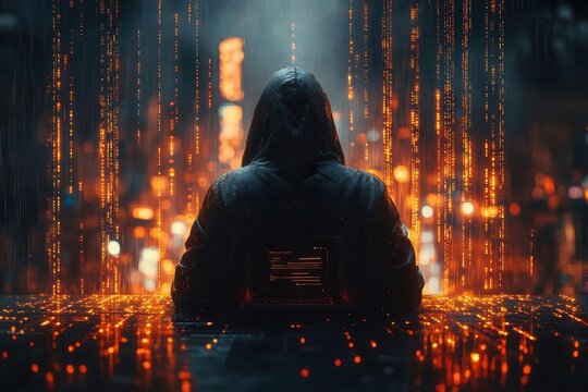 mysterious hooded hacker silhouette emerging from shadows surrounded by flickering lines of code symbolizing cyber threat and digital intrigue