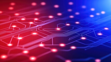 Obraz premium Abstract digital circuit board illustration with glowing red and blue lights on a dark background.