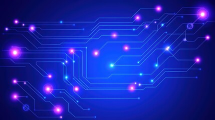 Abstract digital circuit board design with vibrant blue and pink lights on a dark background.