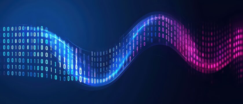 Abstract data visualization in blue and pink tones featuring binary code and wave patterns.