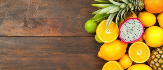 Assorted fresh fruits including pineapple, lemon, orange, and dragon fruit on a wooden background. - Powered by Adobe