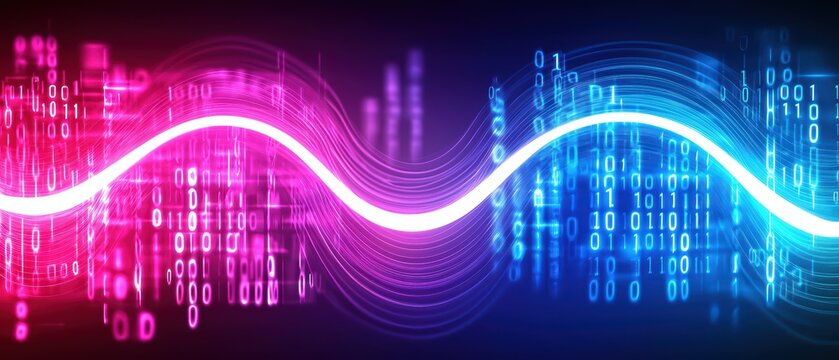 Colorful digital wave with binary code elements representing data flow and technology innovation.