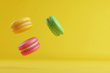 Colorful macarons floating against a bright yellow background, showcasing vibrant colors and delightful textures.
