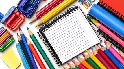 Obraz premium Colorful stationery supplies and tools arranged creatively with a blank notebook for ideas.