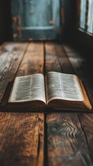 Obraz premium An open book on a rustic wooden table, revealing intricate text and illustrations in soft light