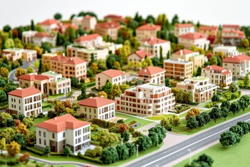 Obraz premium Detailed miniature model of suburban homes and buildings showcasing intricate designs in a vibrant landscape.