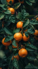 A close-up view of ripe oranges on a bush ready for harvesting in a lush garden setting