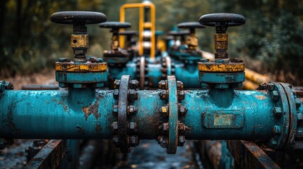 Industrial pipes with valves in overgrown environment
