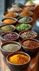 Fototapeta premium A vibrant assortment of spices in colorful bowls at a culinary market on a sunny day