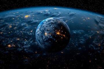 Obraz premium Half of earth illuminated by city lights against a black starry background in outer space