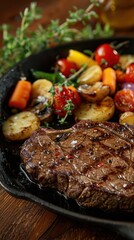 Sizzling ribeye steak and colorful vegetables on a rustic wooden table