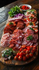 A rustic wooden platter filled with fresh meats and vegetables ready for sharing at a gathering